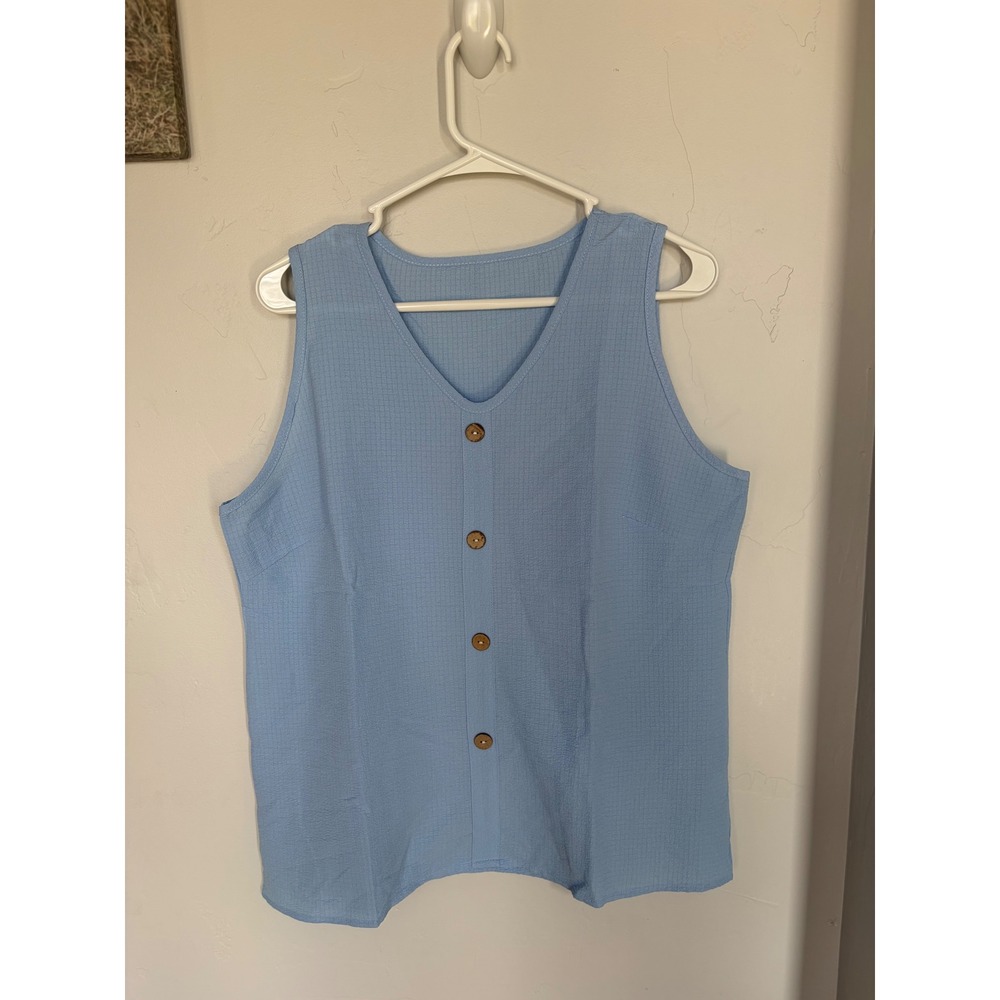 Womens‎ Light Blue Textured Sleeveless V-Neck Button Front Tank Top XL